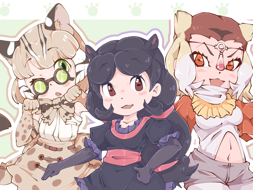 3girls, animal_ears, black_gloves, black_hair, bowtie, brown_eyes, cat_ears, cat_girl, glasses, green_eyes, hippopotamus_ears, hippopotamus_girl, kemono_friends, long_hair, monkey_ears, monkey_girl, multicolored_hair, open_mouth, orange_eyes, orange_sleeves, proboscis_monkey_(kemono_friends), pygmy_hippopotamus_(kemono_friends), skirt, spotted_skirt