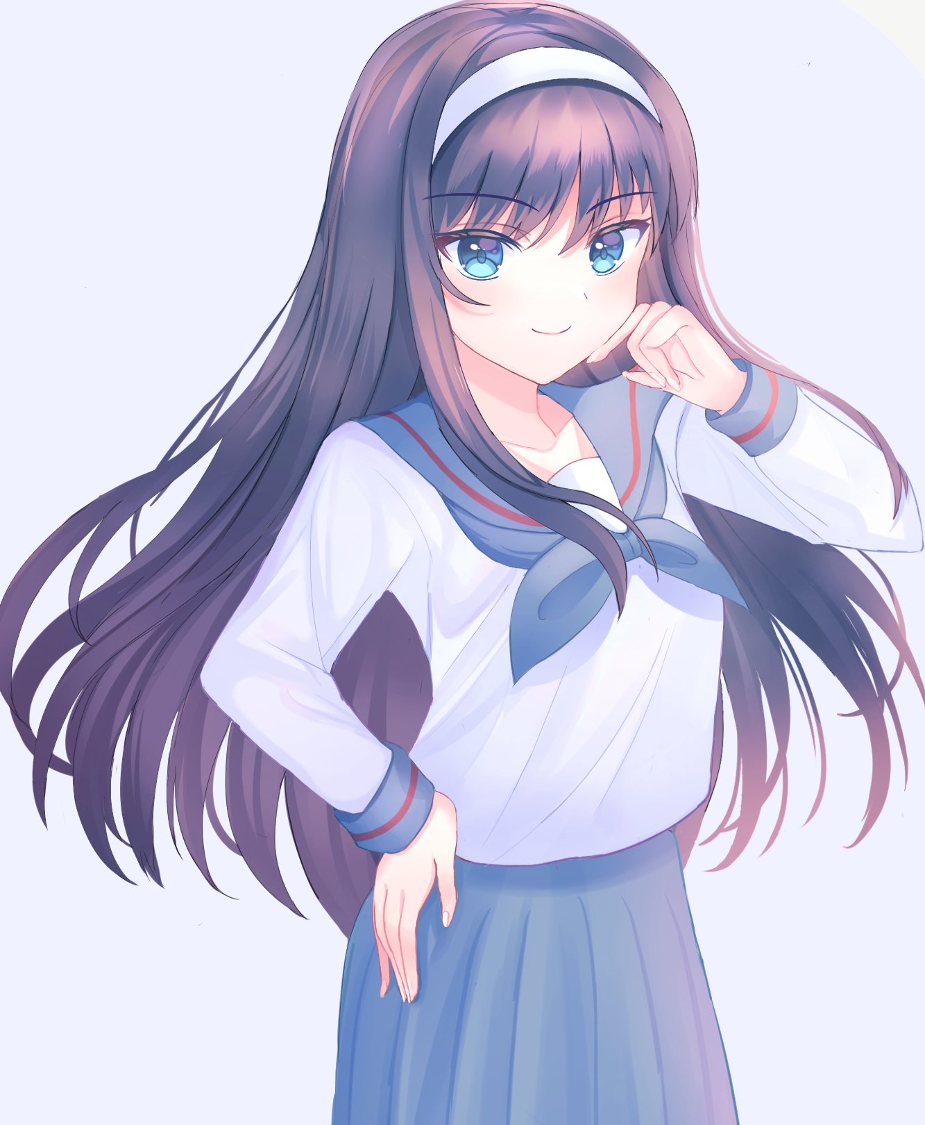 1girl, black_hair, blue_eyes, blue_neckerchief, blue_sailor_collar, blue_skirt, blush, hair_between_eyes