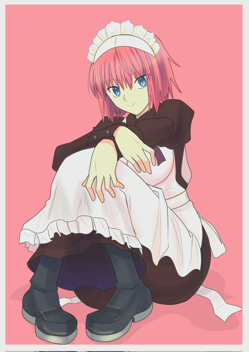 1girl, apron, black_boots, blue_eyes, boots, brown_dress, closed_mouth, dress