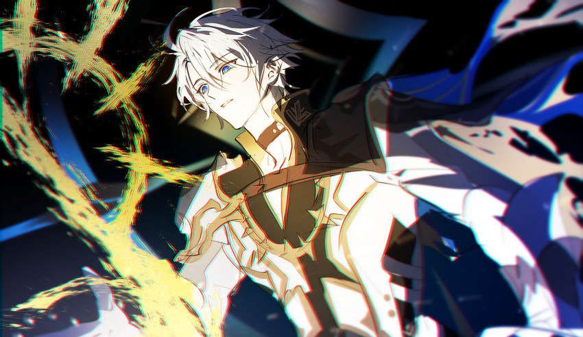 1boy, antenna_hair, armor, black_choker, black_shirt, blue_cape, blue_eyes, cape