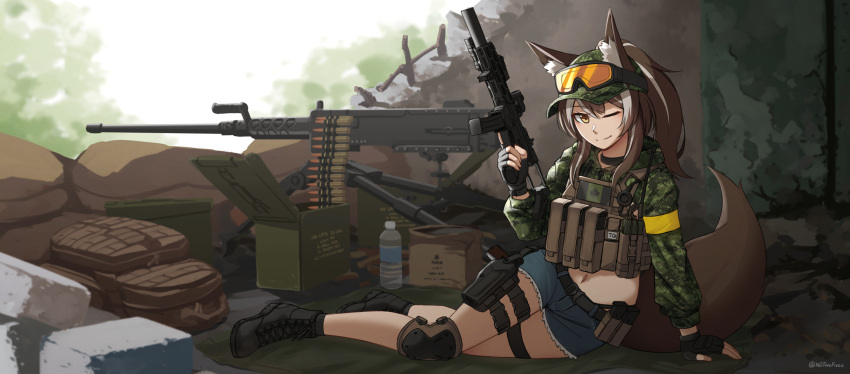 1girl, ;), absurdres, animal_ear_fluff, animal_ears, baseball_cap, black_boots, black_gloves