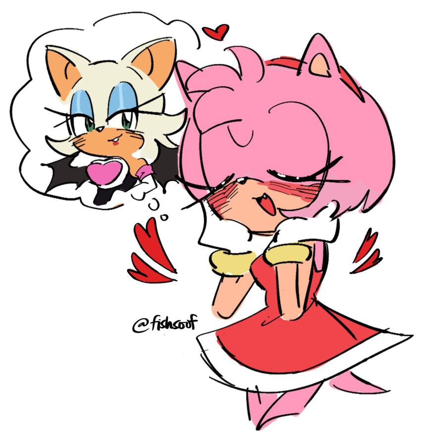 2girls, amy_rose, animal_ears, bat_ears, bat_girl, bat_wings, blue_eyeshadow, blush, closed_eyes, commentary, dress, english_commentary, eyeshadow, fishsoof, furry, furry_female, gloves, green_eyes, hairband, hand_on_own_face, heart, highres, imagining, makeup, multiple_girls, pink_fur, red_dress, red_hairband, rouge_the_bat, signature, smile, sonic_(series), speech_bubble, tail, thought_bubble, white_fur, white_gloves, wings, yuri