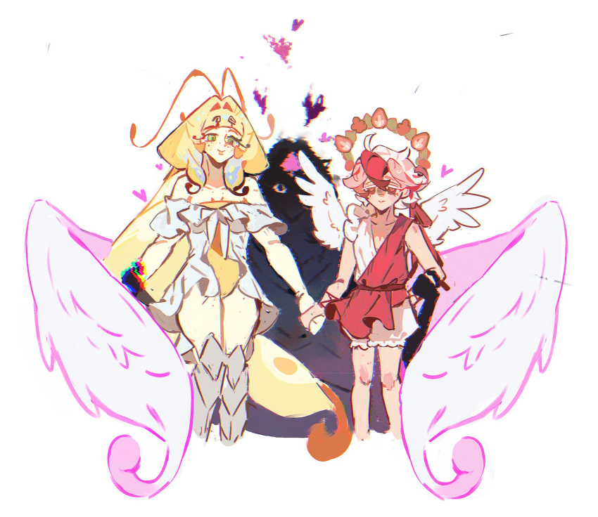 1boy, 2girls, :>, angel, angel_wings, armored_boots, blonde_hair, boots