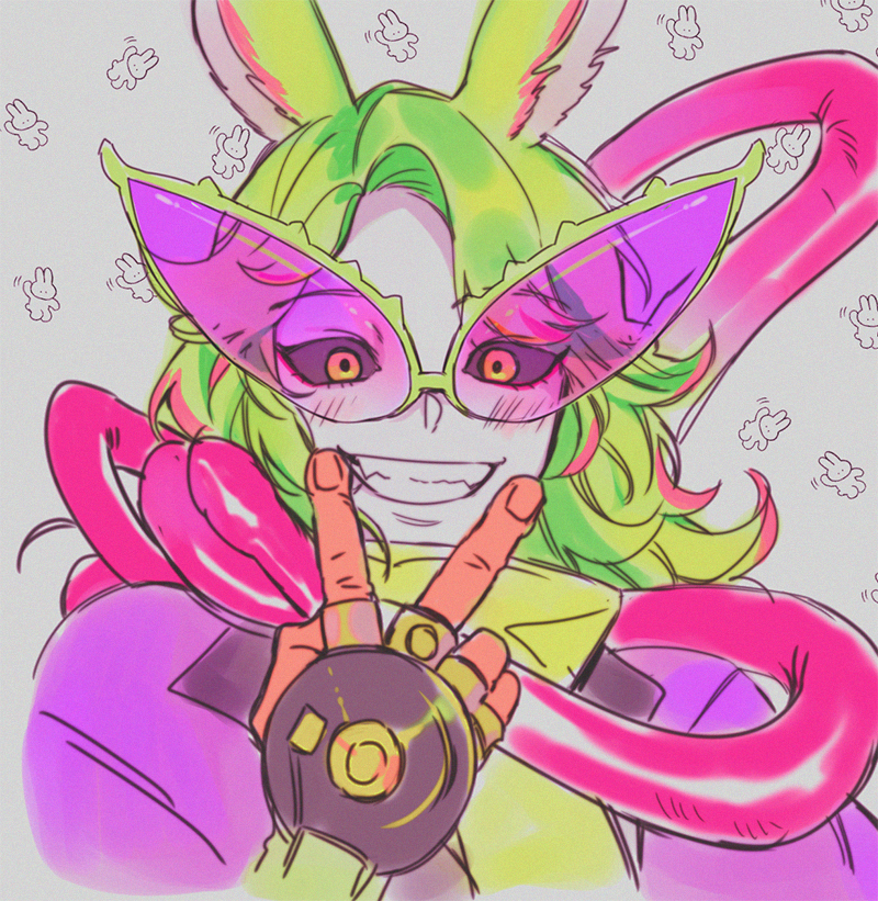 1boy, animal_ears, black_sclera, blush, colored_sclera, colored_skin, commentary_request, dancing_green