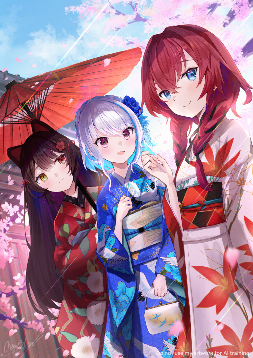 3girls, ange_katrina, ange_katrina_(new_year), animal_ears, animal_print, artist_name, bird_print, black_hair