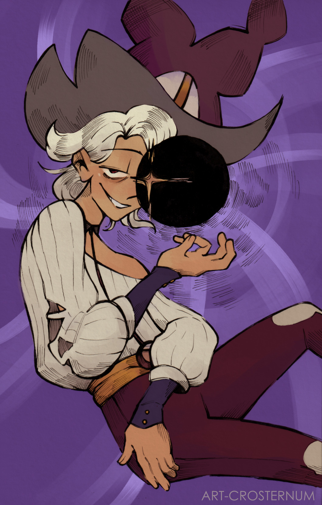 1other, art-crosternum, artist_name, black_eyes, brown_pants, hat, highres, long_sleeves, orb, pants, potionomics, puffy_long_sleeves, puffy_sleeves, purple_background, quinn_(potionomics), shirt, smile, solo, sun_hat, white_hair, white_shirt