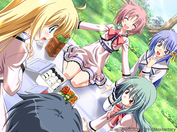 blonde_hair, blue_eyes, food, kagura_aya, kawamura_yuu, pink_hair, ribbon, se.kirara