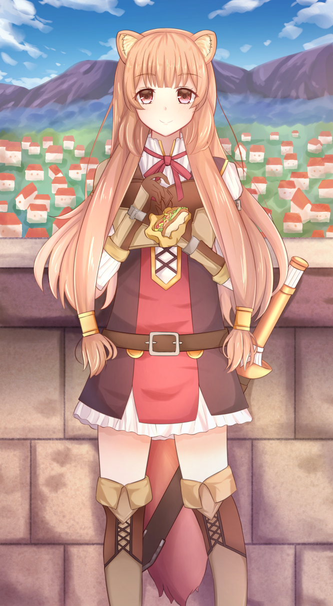 1girl, akise_jin_(mureijem), animal_ear_fluff, animal_ears, armor, belt, black_dress, blue_sky, blunt_bangs, boots, brown_belt, brown_boots, brown_gloves, brown_hair, cityscape, clouds, cloudy_sky, collared_dress, commentary_request, day, dress, elbow_gloves, eyelashes, feet_out_of_frame, food, gloves, gold_trim, hands_up, highres, holding, holding_food, layered_dress, leather_armor, light_blush, long_hair, long_sleeves, metal_arm_cuffs, metal_hair_tubes, metal_wrist_cuffs, mountainous_horizon, neck_ribbon, outdoors, pauldrons, raccoon_ears, raccoon_girl, raccoon_tail, raphtalia, red_dress, red_eyes, red_ribbon, ribbon, sandwich, sheath, sheathed, short_dress, shoulder_armor, single_pauldron, sky, sleeveless, sleeveless_dress, smile, solo, standing, straight-on, striped_clothes, striped_dress, sword, tail, tate_no_yuusha_no_nariagari, thigh_boots, two-tone_dress, vertical-striped_clothes, vertical-striped_dress, weapon, white_dress