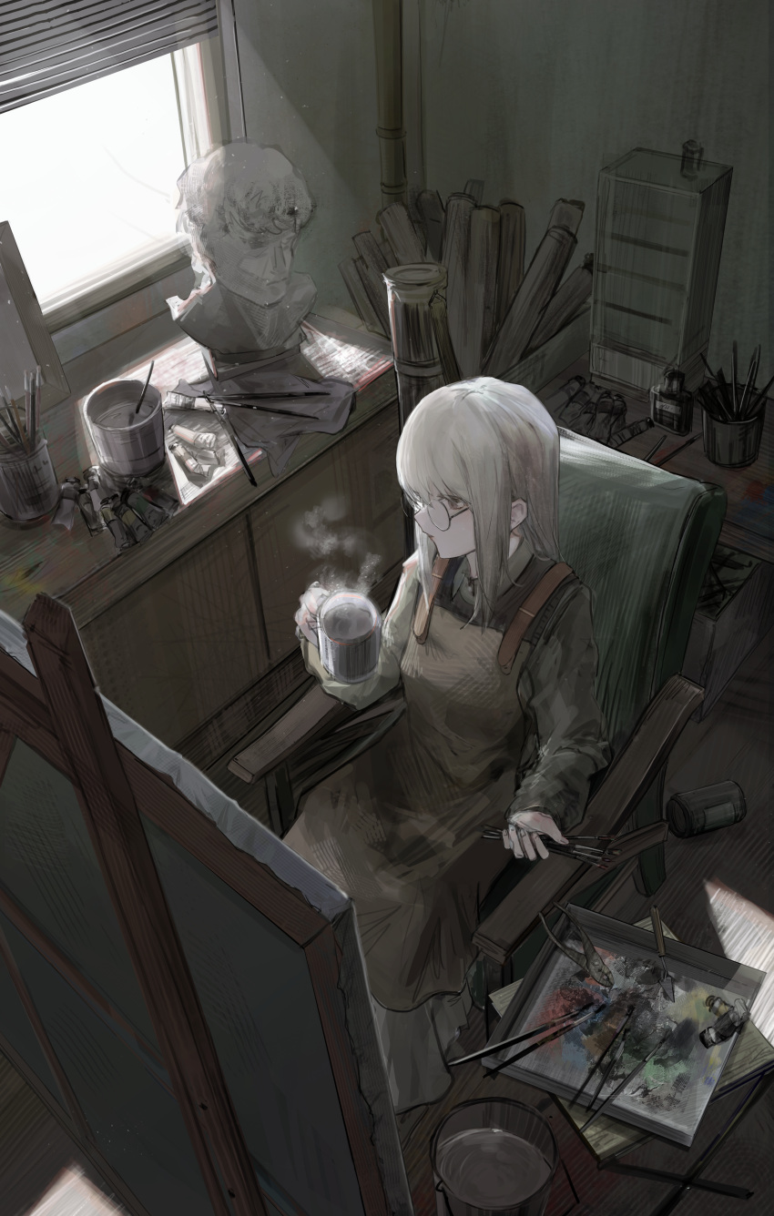 1girl, absurdres, apron, artist_painter, brown_apron, brown_sweater_vest, coffee, coffee_mug