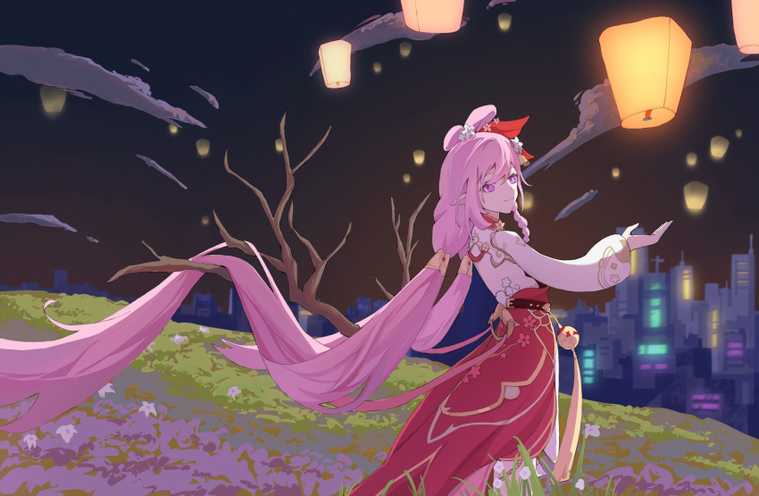 1girl, bell, branch, chinese_commentary, closed_mouth, commentary_request, elysia_(herrscher_of_human:_ego)_(honkai_impact), elysia_(honkai_impact)