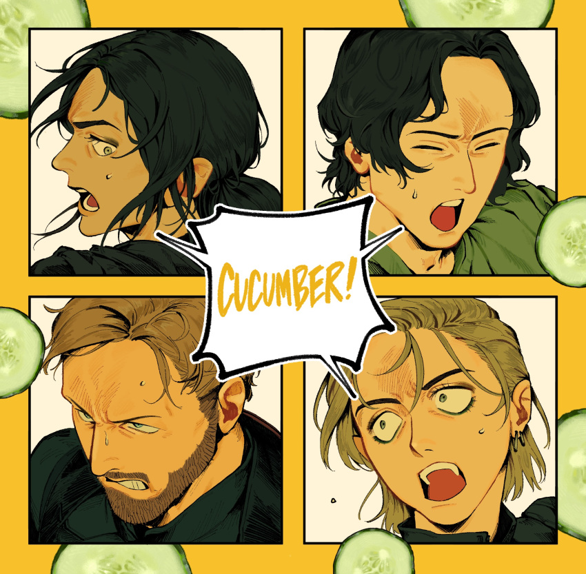 2boys, 2girls, beard, black_hair, blonde_hair, bodysuit, brown_hair, closed_mouth