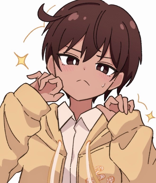 1boy, :<, alternate_costume, blush, bowen_(omori), bright_pupils, brown_eyes, brown_hair, closed_mouth, collared_shirt, commentary_request, cowlick, dark-skinned_male, dark_skin, drawstring, frown, hair_behind_ear, hair_between_eyes, hands_up, hood, hood_down, hooded_jacket, jacket, long_sleeves, male_focus, omori, open_clothes, open_jacket, puffy_long_sleeves, puffy_sleeves, shirt, short_hair, simple_background, sleeves_past_wrists, solo, sparkle, sweatdrop, upper_body, white_background, white_pupils, white_shirt, yellow_jacket, yu_kuli