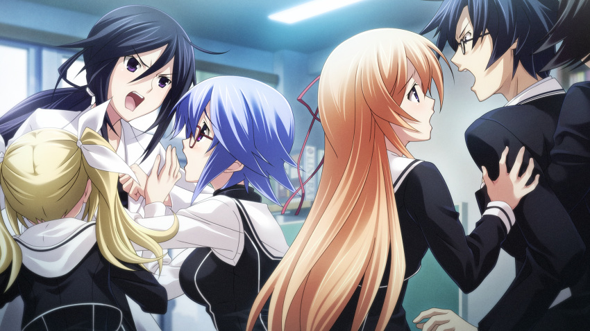 1girl, 2boys, 4girls, ahoge, angry, arimura_hinae, black_dress, black_hair