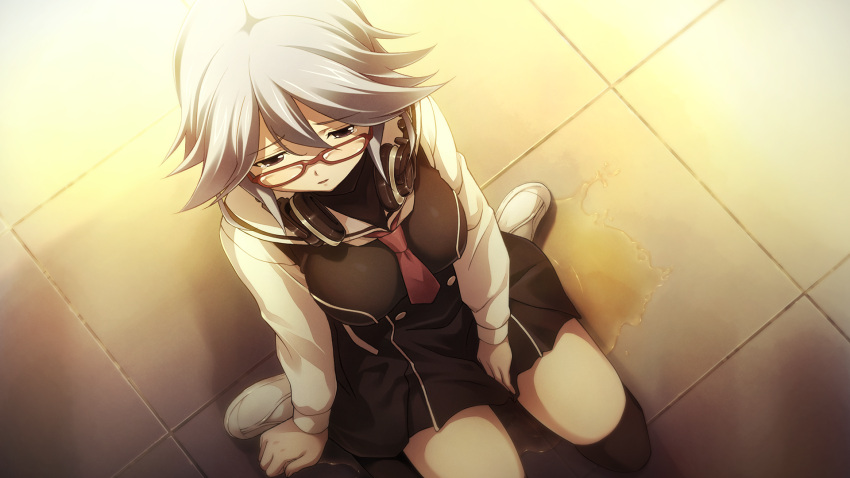 1girl, between_breasts, black_dress, black_thighhighs, blue_hair, blurry, blurry_background, breasts