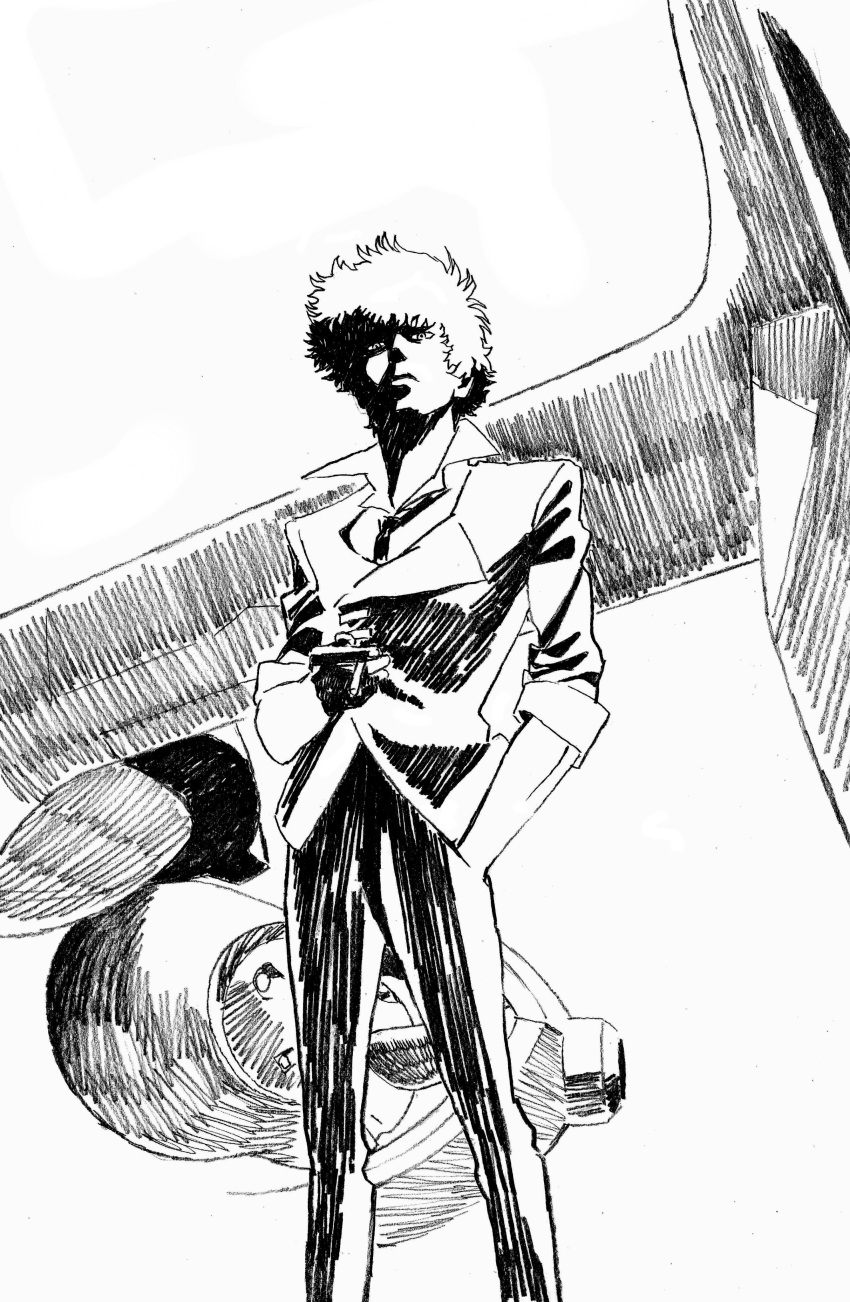 1boy, absurdres, aircraft, airship, closed_mouth, cowboy_bebop, greyscale, highres