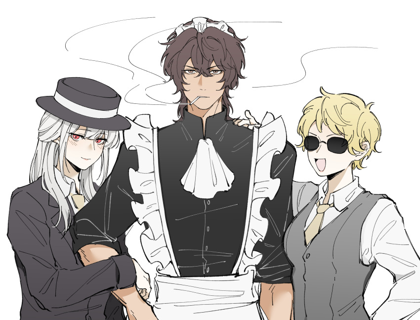 1boy, 2girls, :d, absurdres, albino, apron, ascot, black_dress