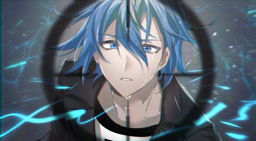 1boy, aoyama_kazuki, black_jacket, blue_eyes, blue_hair, crosshair, crying, crying_with_eyes_open