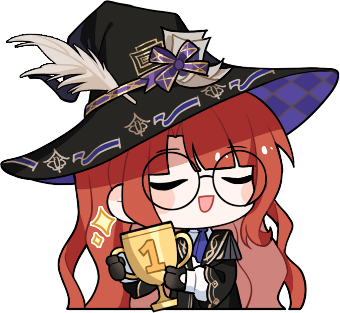 1girl, artist_request, ascot, black-framed_eyewear, black_gloves, black_robe, blue_ascot, blue_hat, blunt_bangs, bow, checkered_hat, closed_eyes, collared_robe, collared_shirt, cropped_torso, enchanted_writing_(infinity_nikki), glasses, gloves, happy, hat, hat_bow, hat_feather, high_collar, holding, holding_trophy, infinity_nikki, layered_sleeves, long_hair, long_sleeves, nikki_(series), official_art, open_clothes, open_mouth, open_robe, orange_hair, paper, puffy_long_sleeves, puffy_sleeves, purple_bow, robe, round_eyewear, shirt, sidelocks, smile, solo, sparkle, transparent_background, trophy, two-sided_fabric, two-sided_headwear, very_long_hair, wavy_hair, white_shirt, witch_hat, wizard