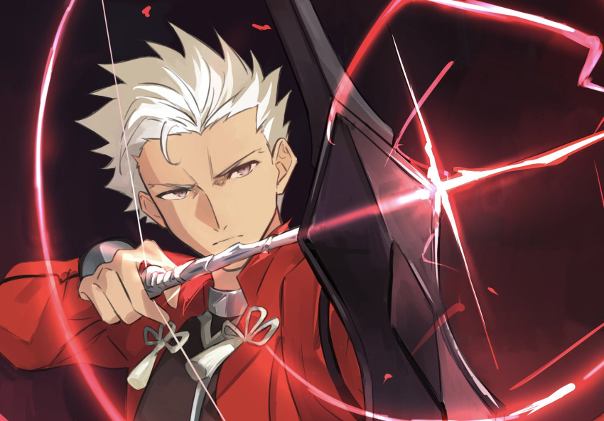 1boy, archer_(fate), armor, bow_(weapon), caladbolg_(fate), coat, dark-skinned_male, dark_skin