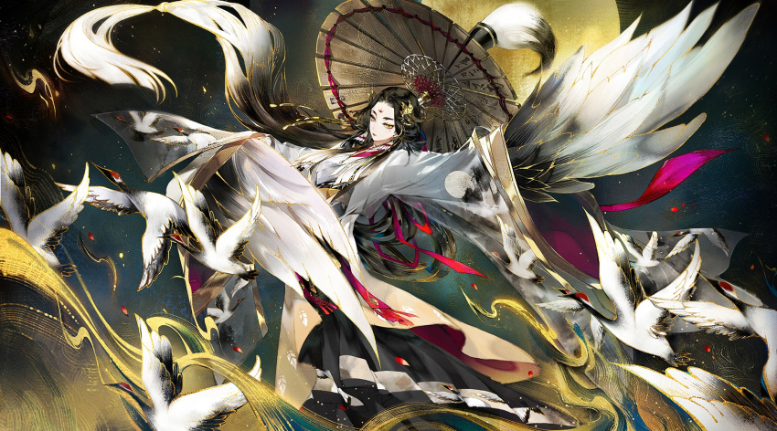 1girl, bird, bird_wings, black_hair, black_hakama, black_wings, brown_tabard, calligraphy_brush