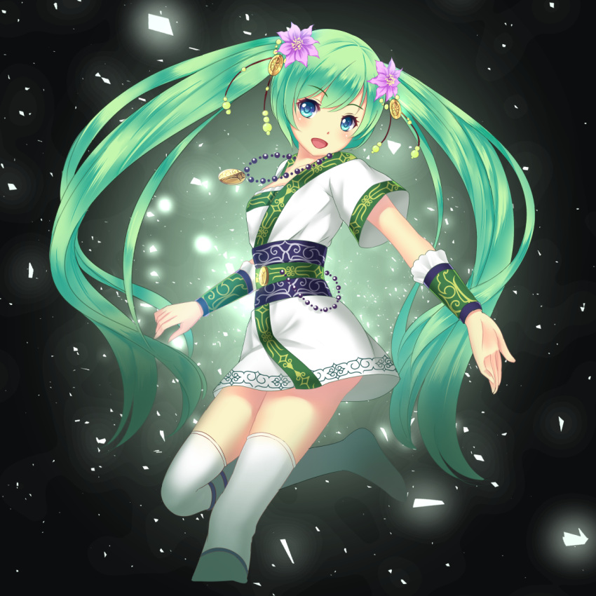 1girl, ainu, ainu_clothes, amulet, armband, beads, blue_eyes, flower, green_hair, hair_flower, hair_ornament, hatsune_miku, highres, japanese_clothes, long_hair, lostangelvn, smile, thigh-highs, twintails, vocaloid, white_thighhighs