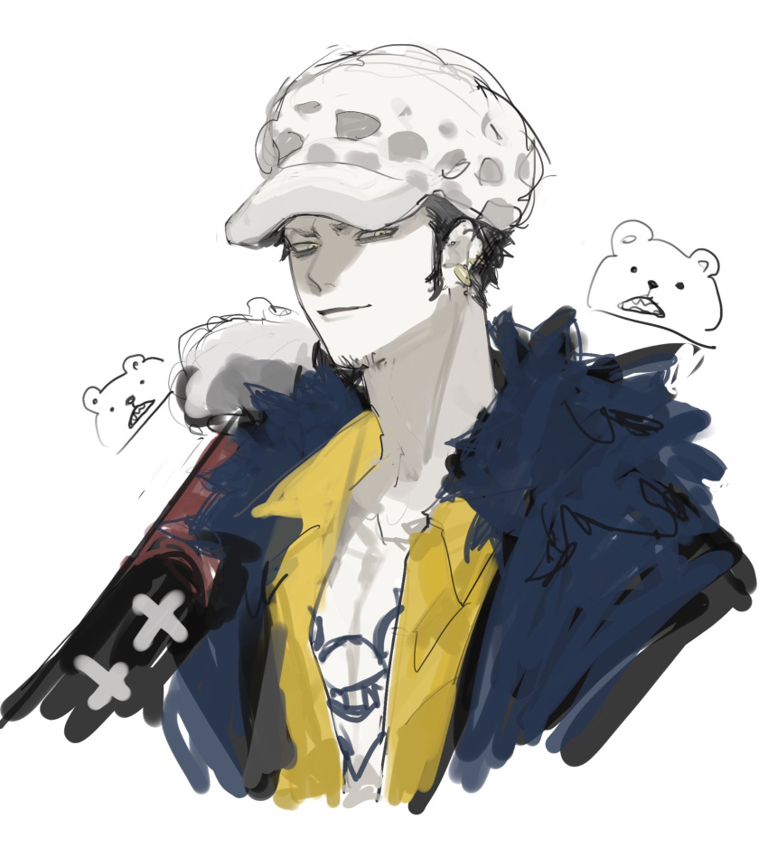 2boys, bear_boy, bepo_(one_piece), black_fur, black_hair, black_jacket, chest_tattoo, collared_shirt