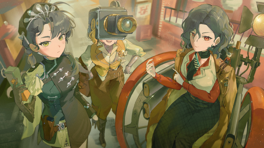 3girls, :<, absurdres, bag, beret, black_boots, black_dress, black_gloves