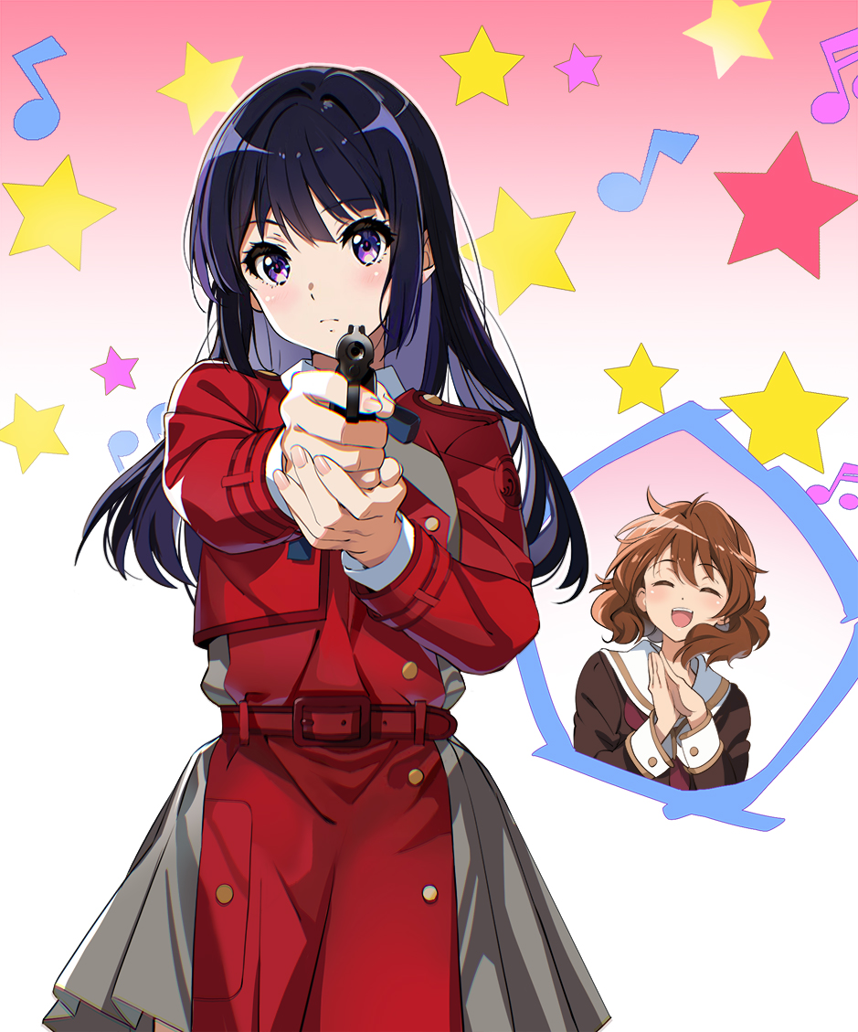 2girls, :d, ^_^, aiming, aiming_at_viewer, anzai_chika, belt, black_hair