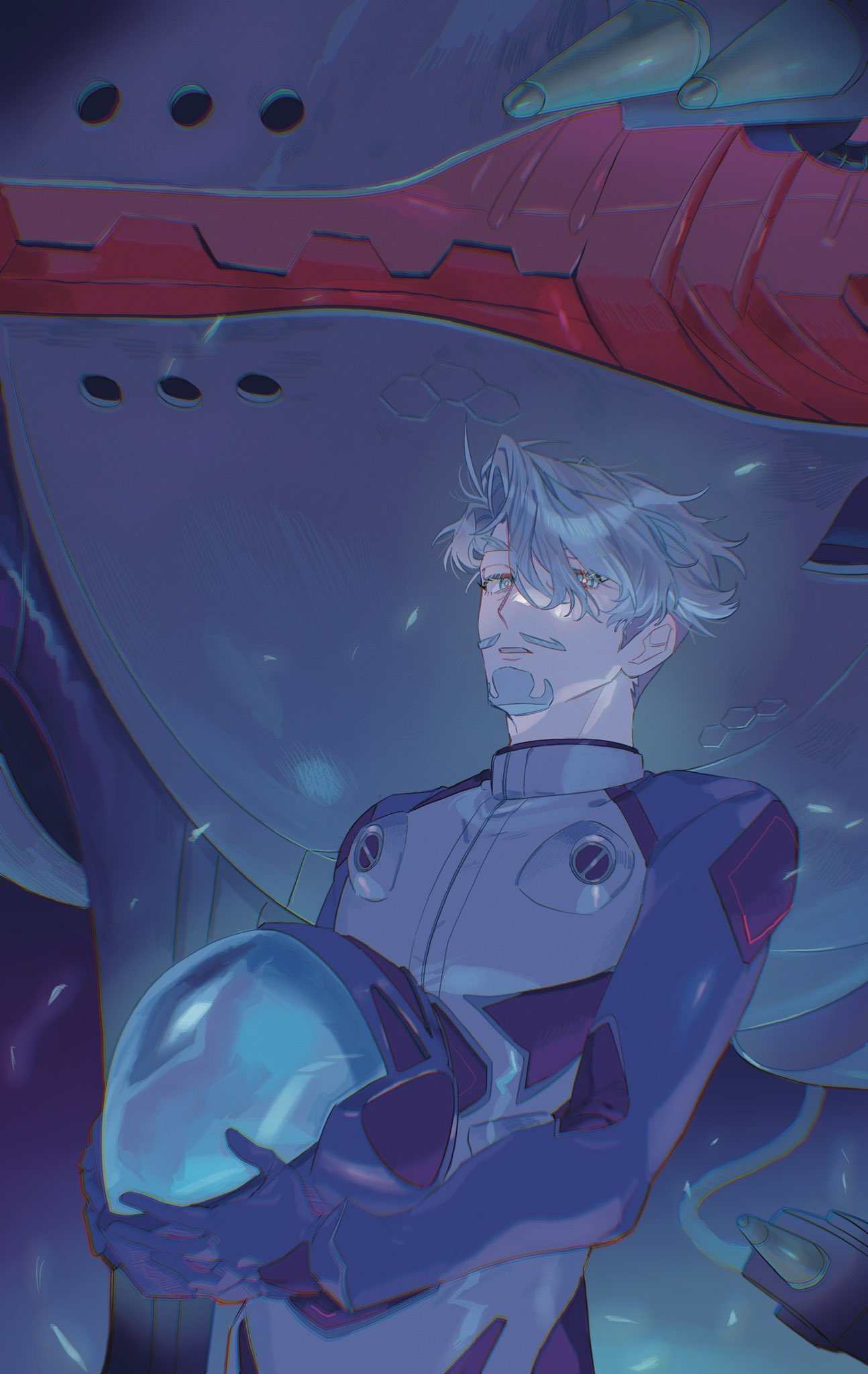1boy, beard, blue_eyes, challia_bull, facial_hair, grey_hair, gundam, gundam_gquuuuuux, helmet, highres, holding, holding_helmet, kikeroga_(gquuuuuux), looking_at_viewer, m_manjyu, male_focus, mecha, mecha_pilot_suit, mustache, robot, short_hair, solo, unworn_headwear, unworn_helmet, upper_body