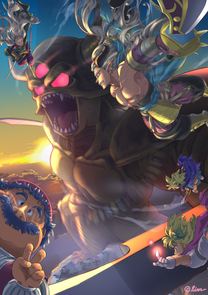 2girls, 4boys, anlucea_the_maluminary, black_eyes, black_horns, black_tabard, blonde_hair, blue_cape