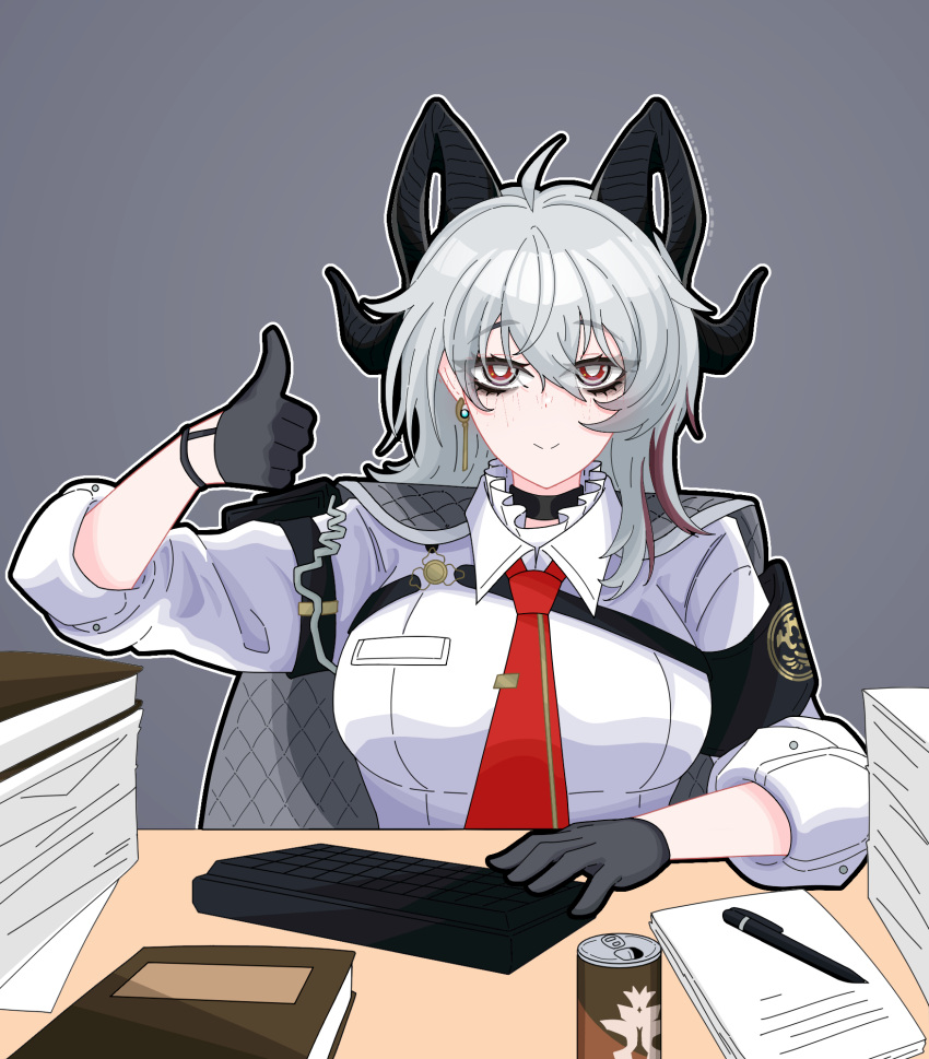 1girl, armband, black_armband, black_choker, black_gloves, black_horns, black_jacket, breasts