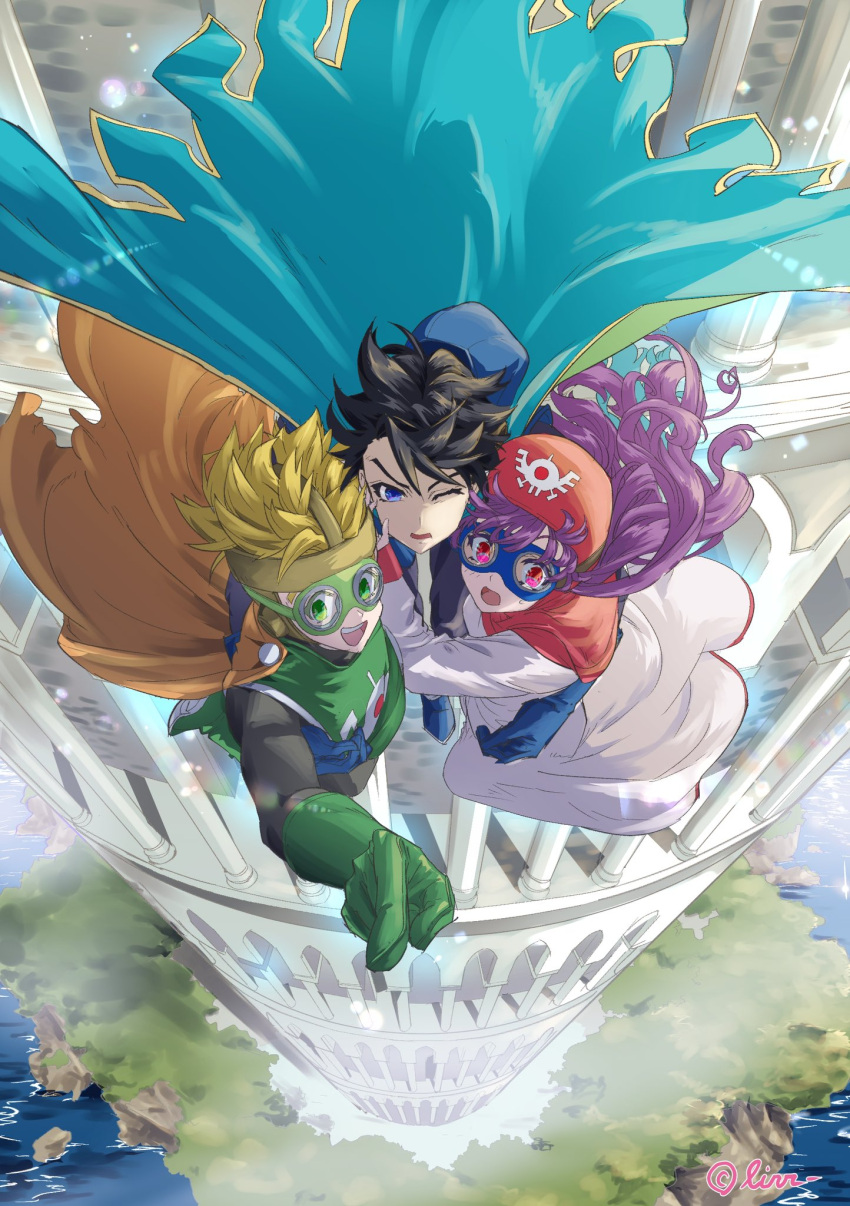1girl, 2boys, aqua_cape, arms_around_neck, black_bodysuit, black_hair, blonde_hair, blue_eyes