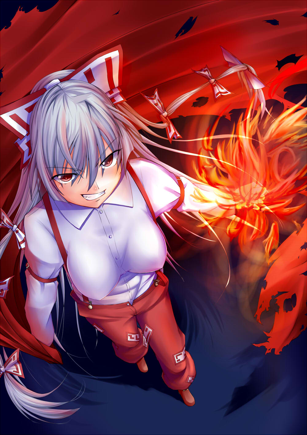 ein-l-f, fire, fujiwara_no_mokou, grin, highres, long_hair, red_eyes, silver_hair
