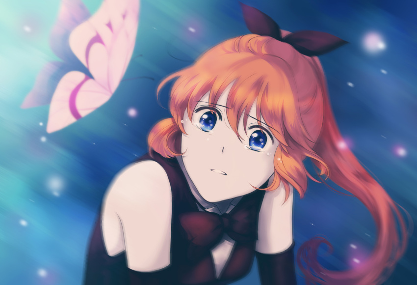 1girl, blue_eyes, blue_eyes_(manga), blurry, blurry_background, bug, butterfly, crying