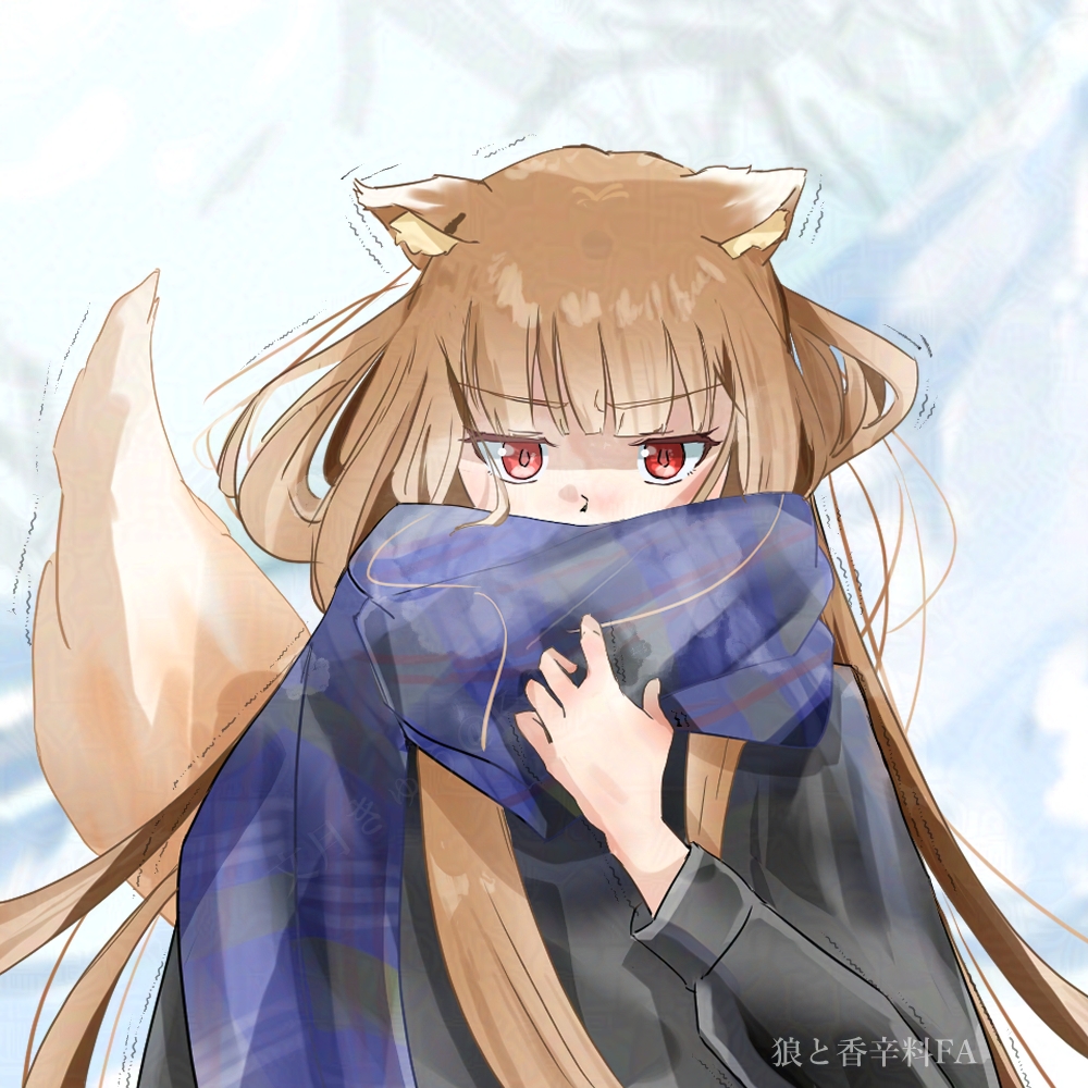animal_ear_fluff, animal_ears, blue_scarf, brown_hair, clutching_clothes, coat, cold, commentary_request, covered_mouth, facing_viewer, holo, kykyuur, long_hair, looking_at_viewer, messy_hair, red_eyes, scarf, solo, spice_and_wolf, tail, tail_raised, trembling, upper_body, winter, winter_clothes, winter_coat, wolf_ears, wolf_girl, wolf_tail