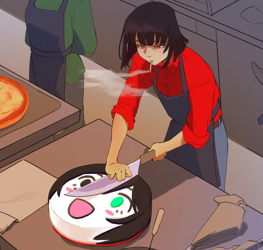 2girls, apron, belt, black_eyes, black_hair, black_pants, blue_apron, blue_pants, blush_stickers, bob_cut, character-themed_food, cigarette, commentary, corvusphobia, english_commentary, food, green_eyes, green_shirt, heterochromia, highres, holding, holding_knife, hong_lu_(project_moon), kitchen, knife, limbus_company, multiple_girls, outis_(project_moon), pants, pizza, project_moon, red_eyes, red_shirt, ryoshu_(project_moon), shirt, short_hair, smile, smoking, spoilers