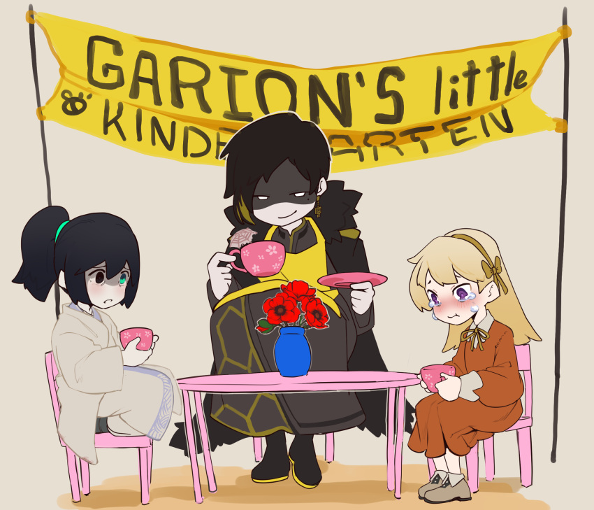 1boy, 2girls, banner, black_coat, black_dress, black_eyes, black_hair, blonde_hair