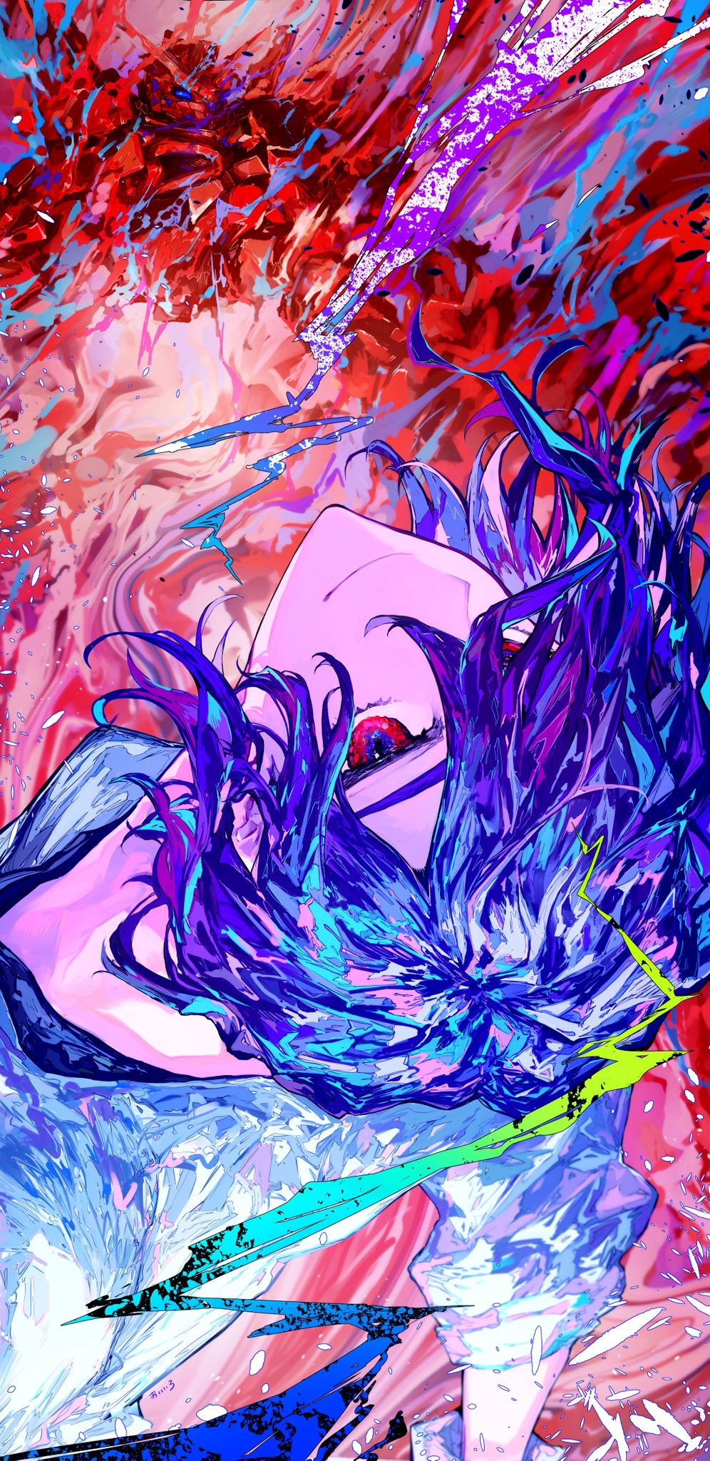 1boy, aiiro, blue_hair, closed_mouth, commentary_request, from_above, gundam, gundam_gquuuuuux