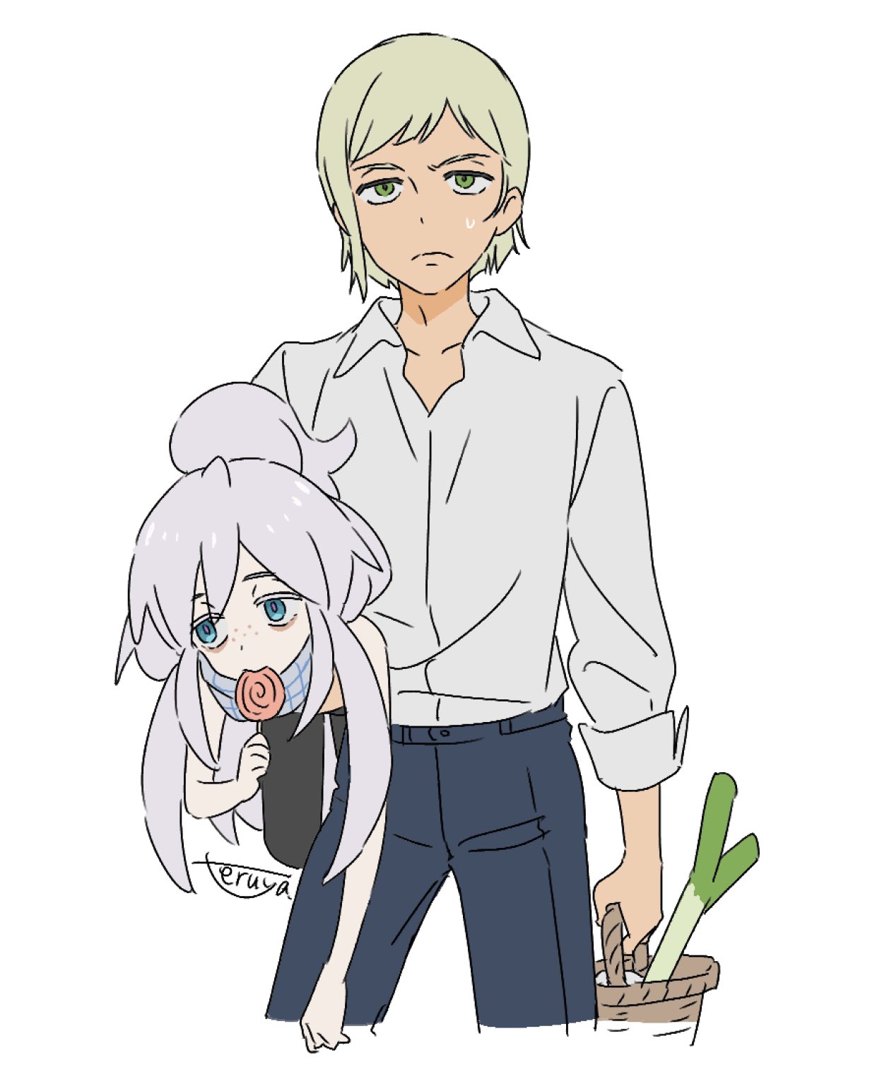 1boy, 1girl, artist_name, bags_under_eyes, basket, blonde_hair, blue_eyes, candy