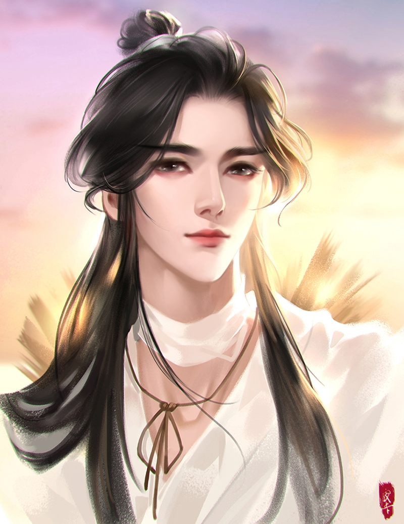 1boy, artist_name, asian, backlighting, black_hair, brown_ribbon, chinese_clothes, closed_mouth