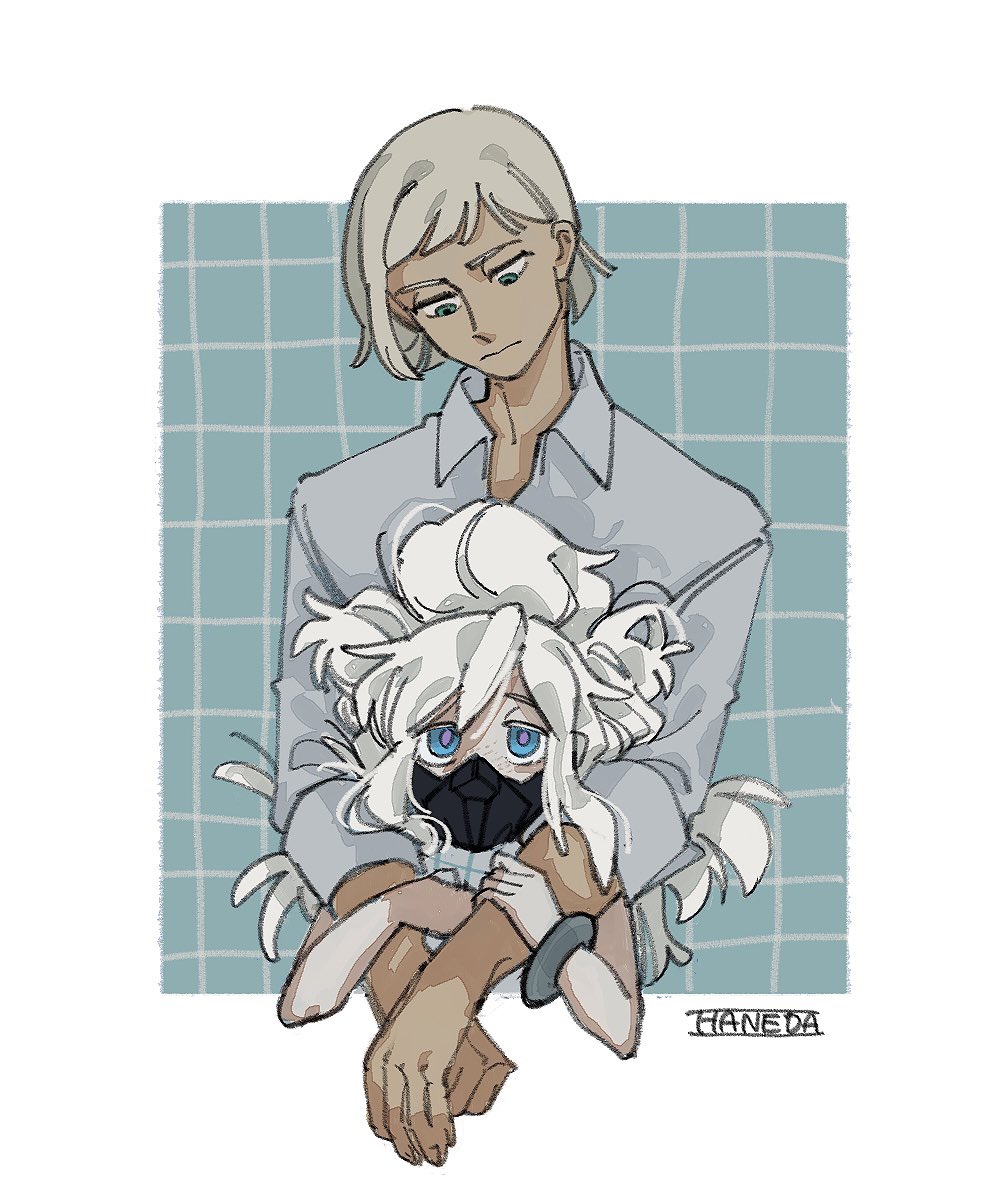 1boy, 1girl, artist_name, blonde_hair, blue_eyes, border, bracelet, collared_shirt