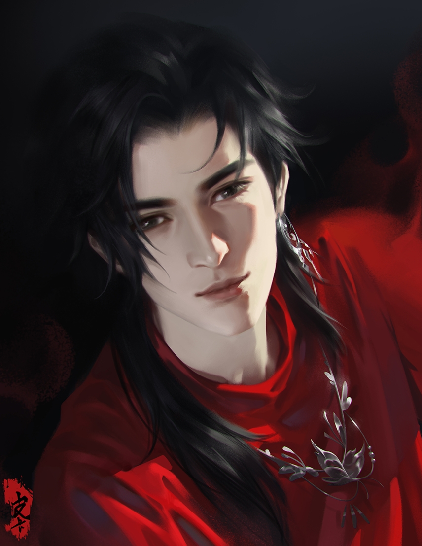 1boy, artist_name, asian, black_background, black_eyes, black_hair, chinese_clothes, earrings