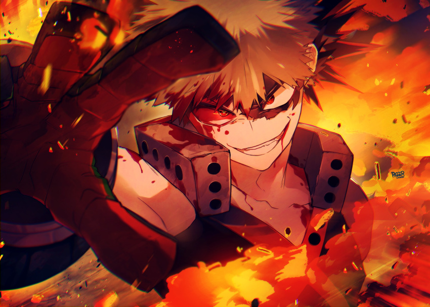 1boy, arm_up, bakugou_katsuki, bare_shoulders, black_mask, blonde_hair, blood, blood_from_eyes