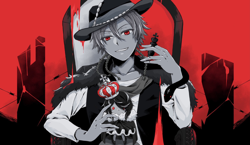 1boy, ahoge, alicein_mikuni, blonde_hair, braid, chess_piece, crown, doll, doubt_doubt, doubt_doubt_(snake_form), fur_trim, hat, highres, holding, holding_chess_piece, king_(vocaloid), male_focus, red_background, red_eyes, scarf, servamp, side_braid, sitting_on_throne, throne