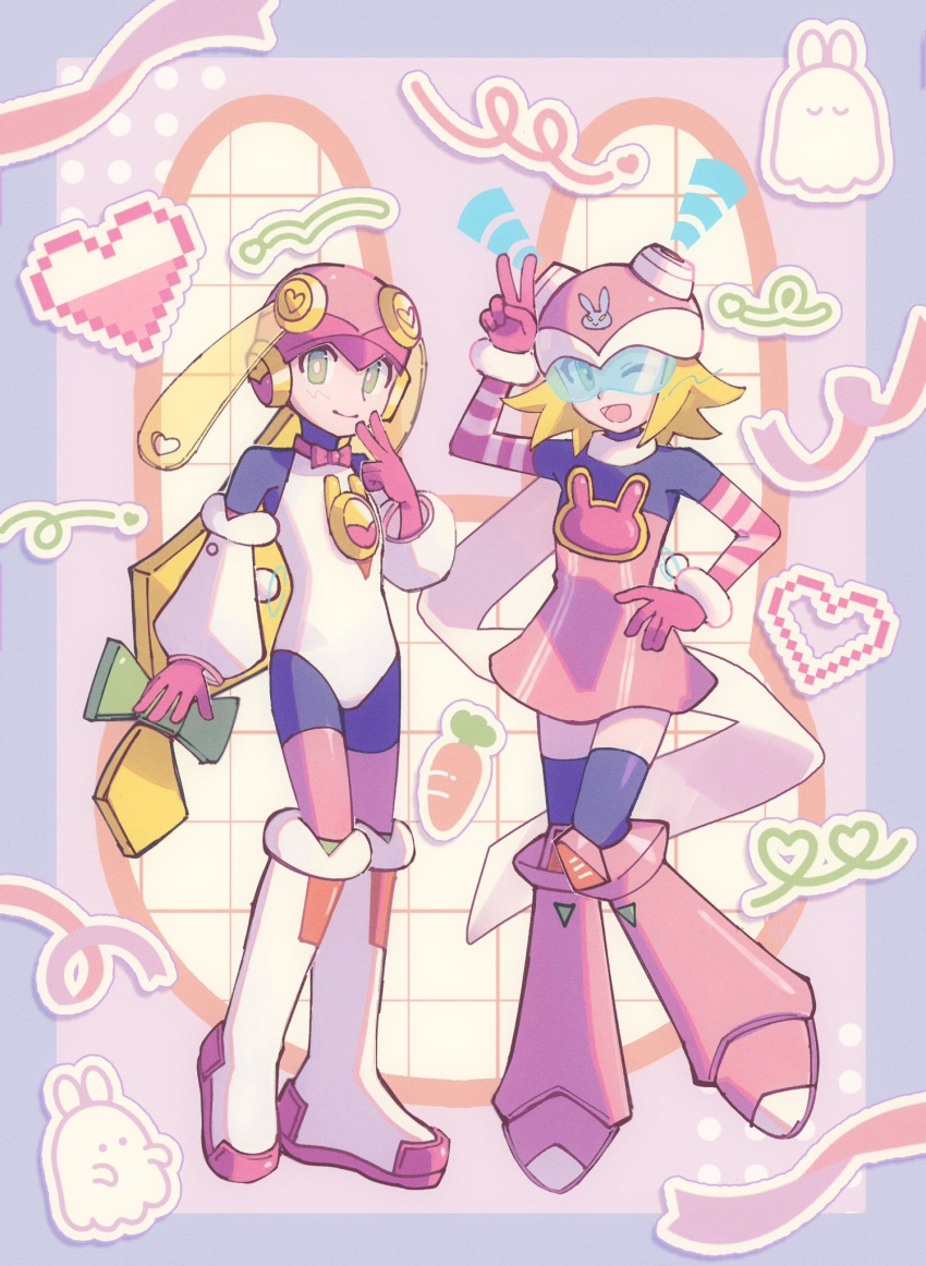 2girls, blonde_hair, blue-tinted_eyewear, dress, flat_chest, full_body, green_eyes, harp_note_(mega_man)