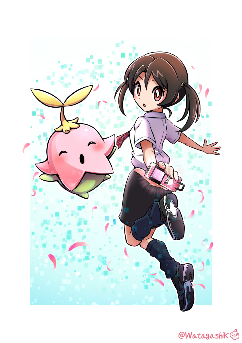 absurdres, black_skirt, blue_background, border, brown_eyes, brown_hair, digimon, digimon_(creature)