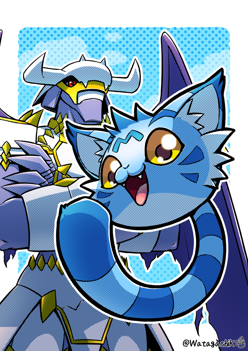 absurdres, armor, blue_background, blue_fur, body_fur, crossed_arms, digimon, digimon_(creature)