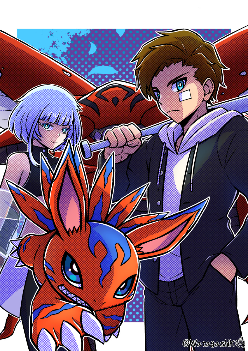 absurdres, baseball_bat, black_jacket, black_shirt, blue_eyes, blue_hair, brown_hair, bug