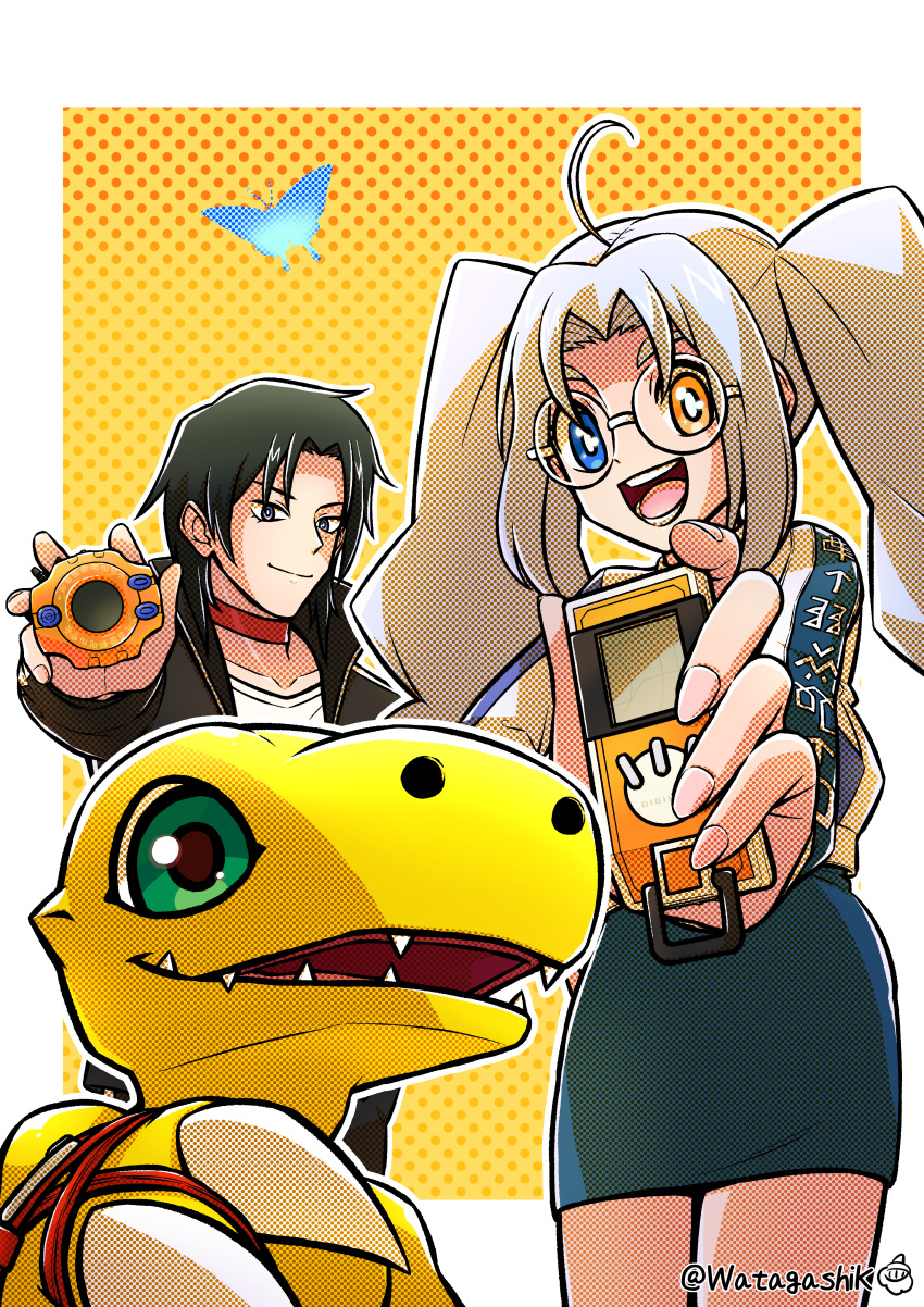 1boy, 1girl, absurdres, agumon_(digimon_savers), ahoge, black_hair, black_jacket, black_skirt