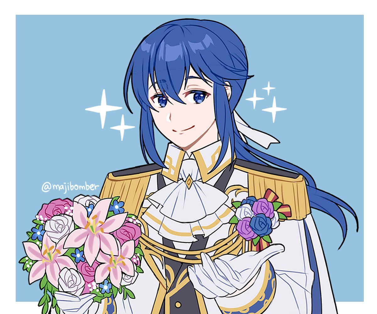 1boy, ascot, black_vest, blue_background, blue_cape, blue_eyes, blue_flower, blue_hair